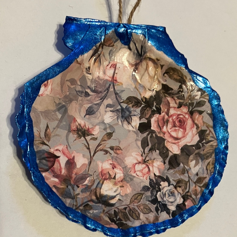 Handcrafted Shell Ornament Blue Floral Metallic Decoupage